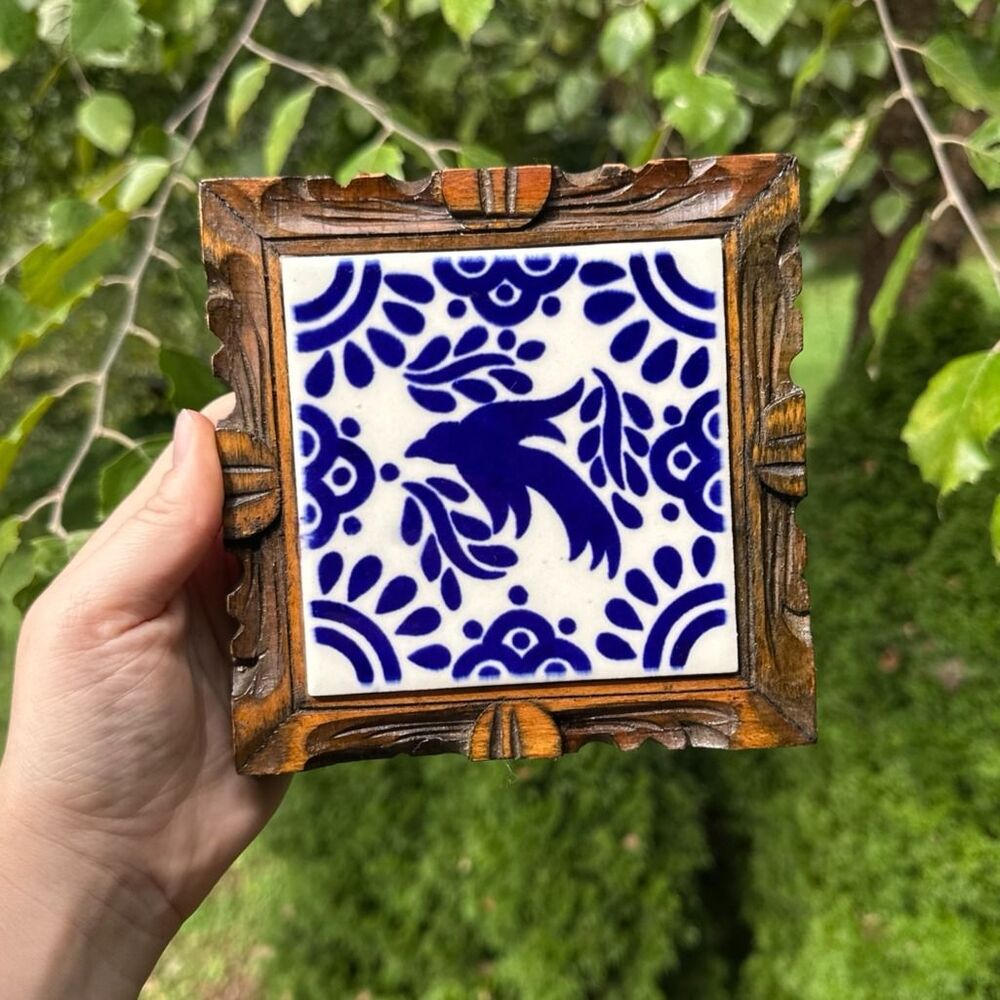 Vintage 1970s Daltile Mexican Square Tile Art Trivet Wooden Blue White Cottageco